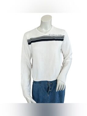 Y2K Calvin Klein White V Neck Boxy Crop Striped Cotton Sweater Grunge Medium